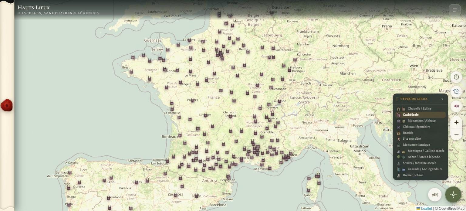The Hauts Lieux map of France, with cathedrals shown among the 20 types of places.